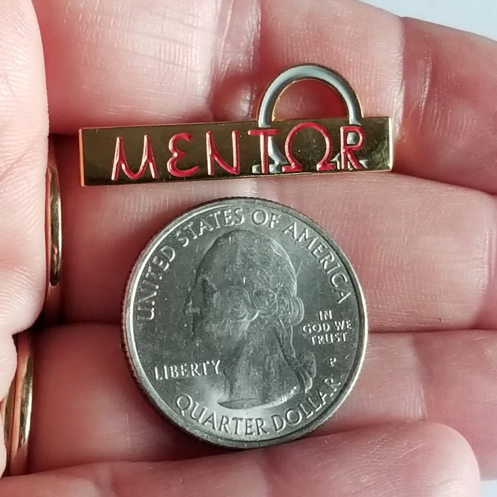 Mentor lapel pin Omega red enamel gold tone metal Greek symbol brooch